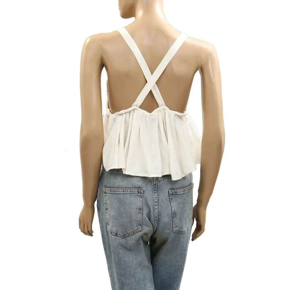 Free People Free-Est Blouse Tank Top Sleeveless Smocked Cotton Ivory L 285849